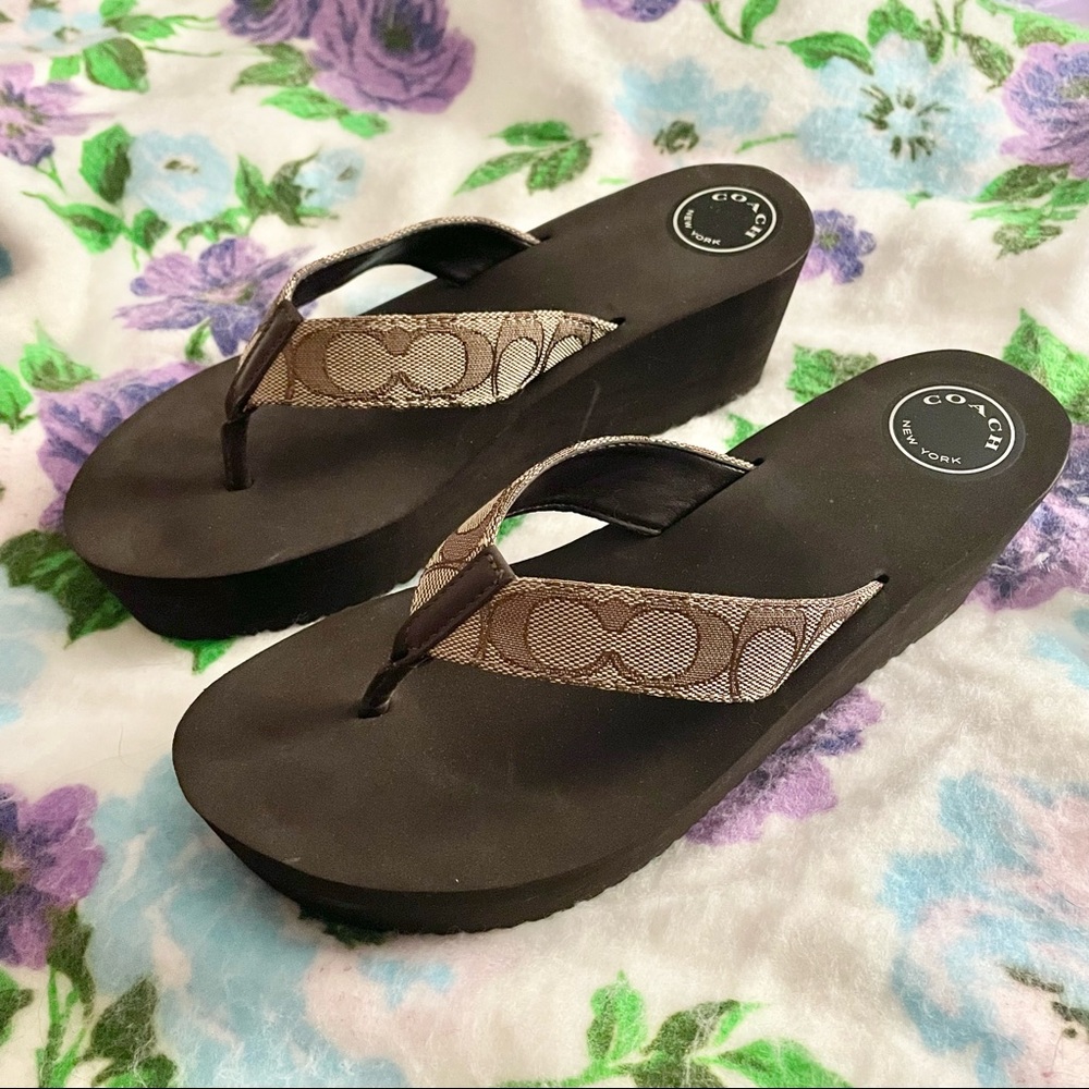 Coach Platform / Wedge Flip Flops - Sandals - Brown Monogram
